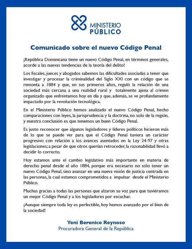 Comunicado de Yeni Berenice Reynoso sobre el nuevo Código Penal