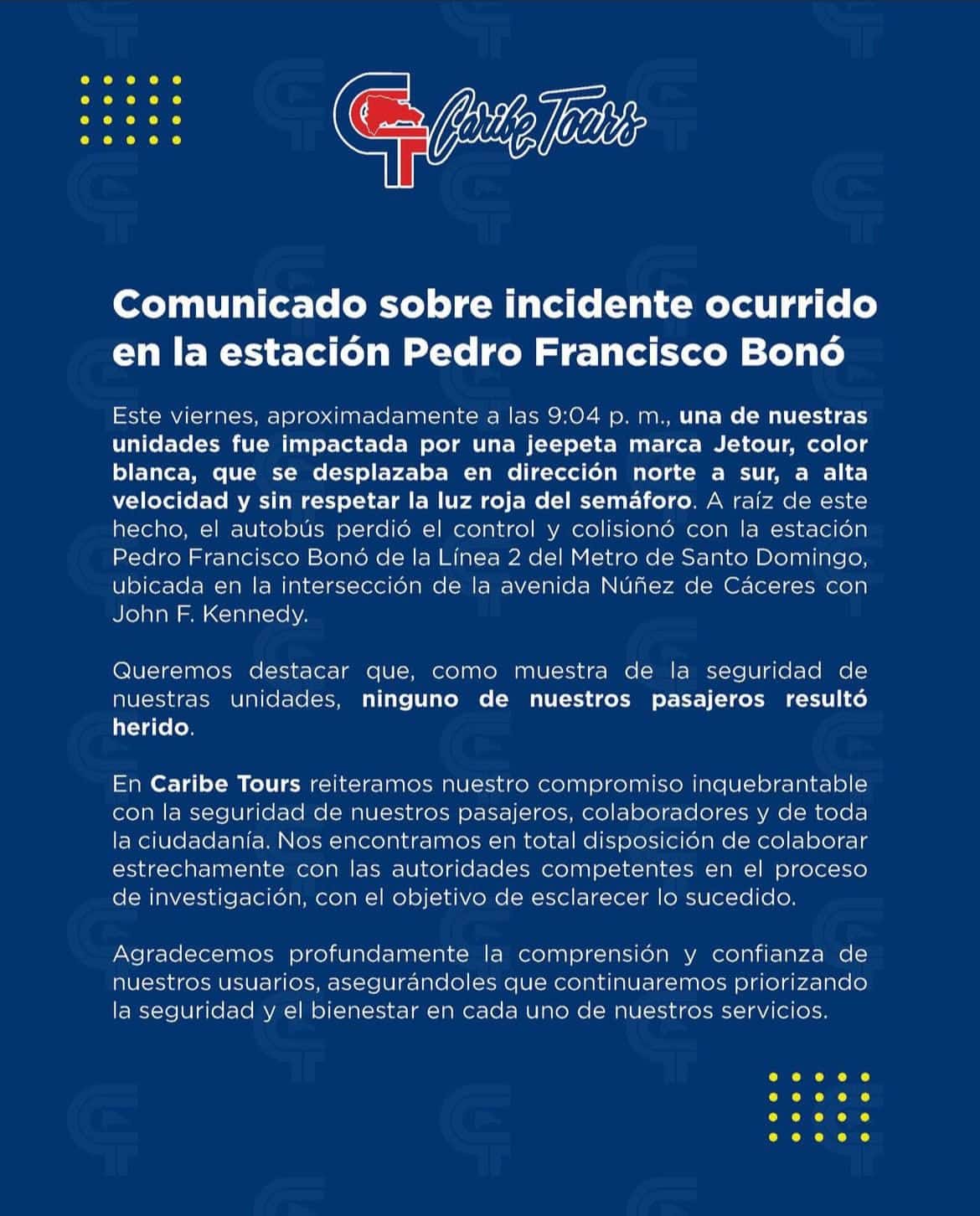 Comunicado en Instagram de Caribe Tours.