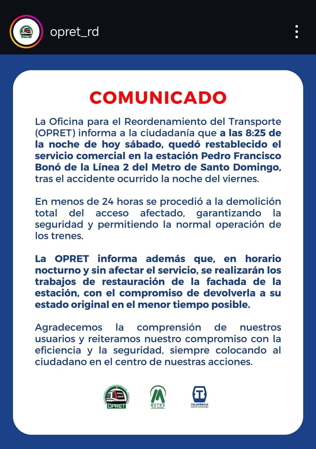 Comunicado OPRET instagram
