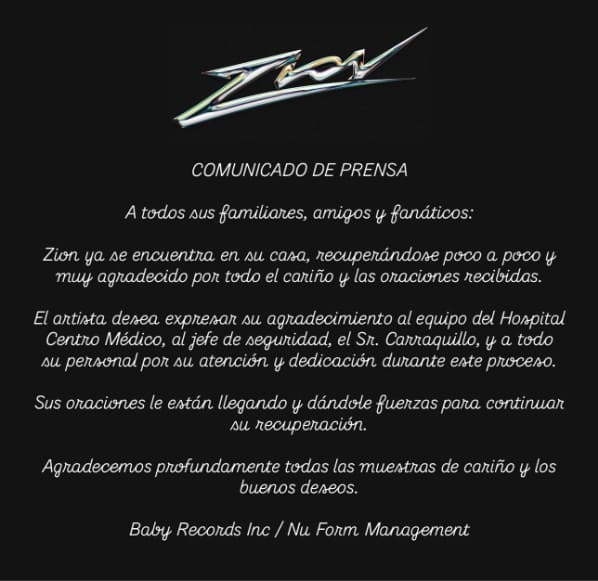 Zion es dado de alta y continúa su recuperación tras accidente en Puerto Rico comunicado